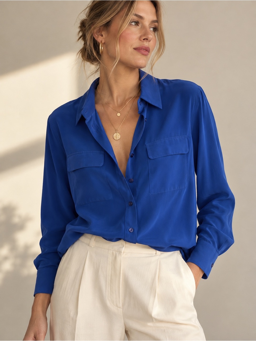 Equipment Signature 100% Silk Cobalt Blue Shirt | M